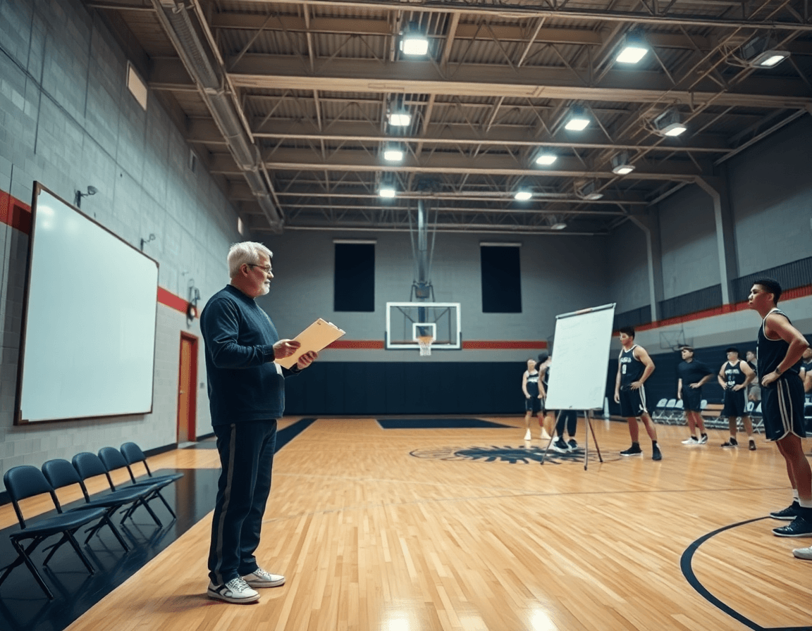 Wide basketball gym scene showing how to scout a basketball team during weekly practice.