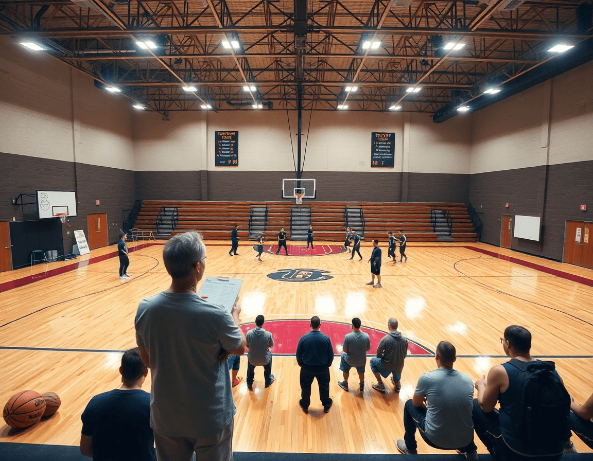 Wide shot of a high school basketball practice on a bright gym court, coach directing players.