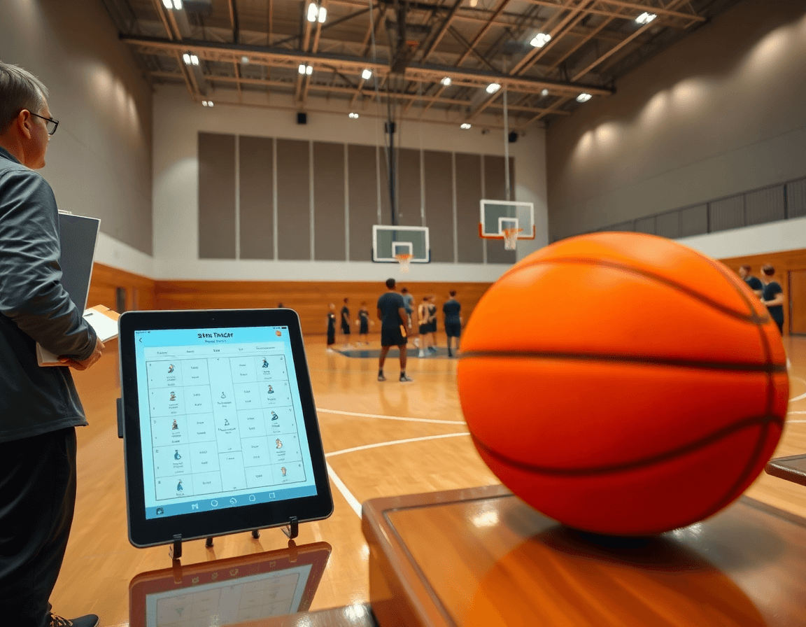 Wide gym shot capturing a basketball team with a free basketball stat tracker on a tablet.