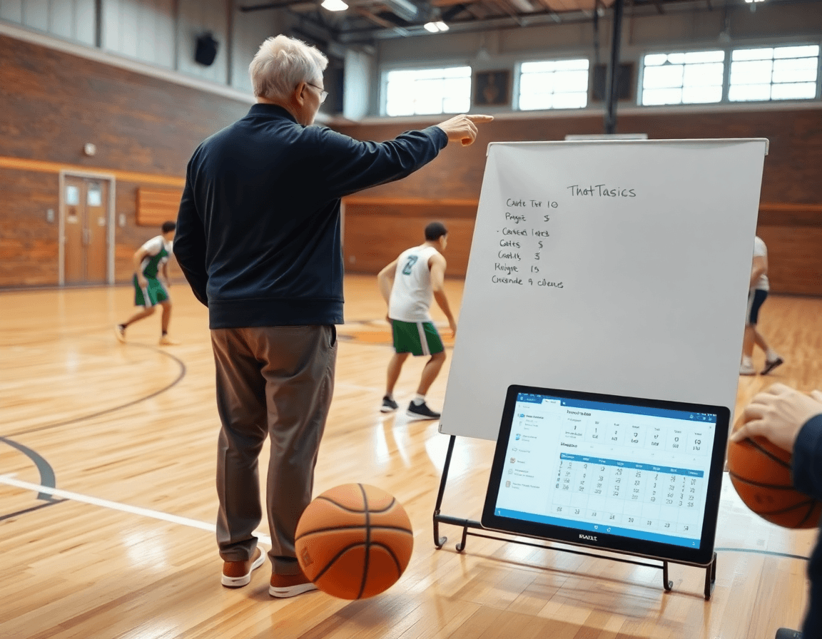 Close-up of coach and players with free basketball stats software visible on a tablet during basketball practice.