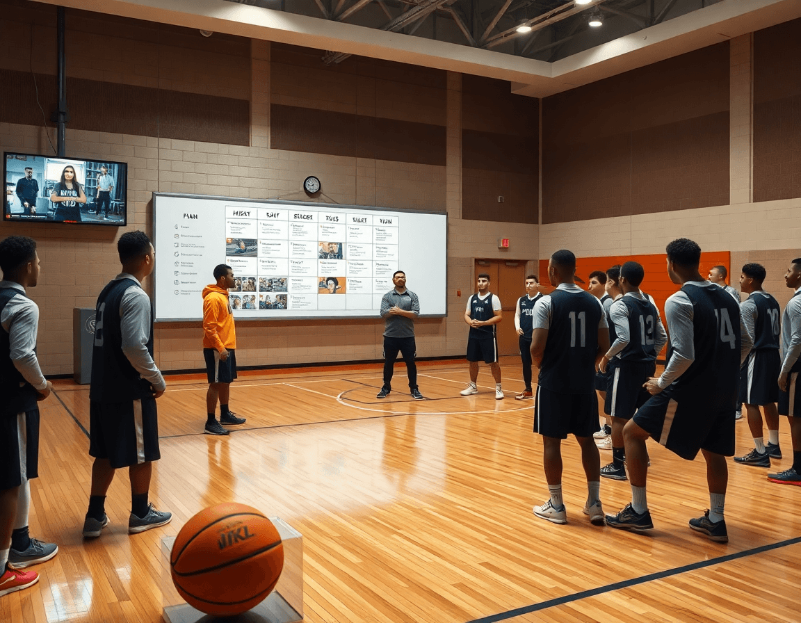Coach maps a six-day basketball plan on a whiteboard as basketball players watch video clips.