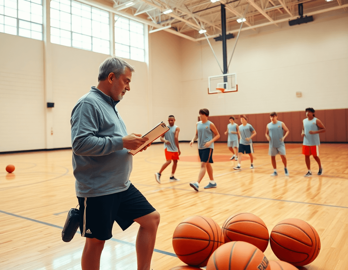 Wide basketball gym scene with coach using free basketball stats software to plan practice.