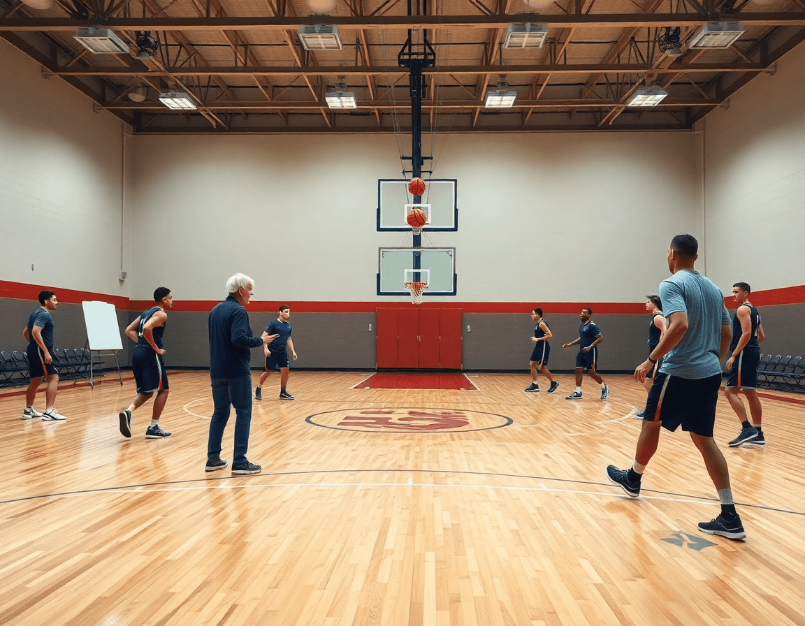 Coach explains a hybrid flex offense pdf plan on clipboard while players practice basketball.