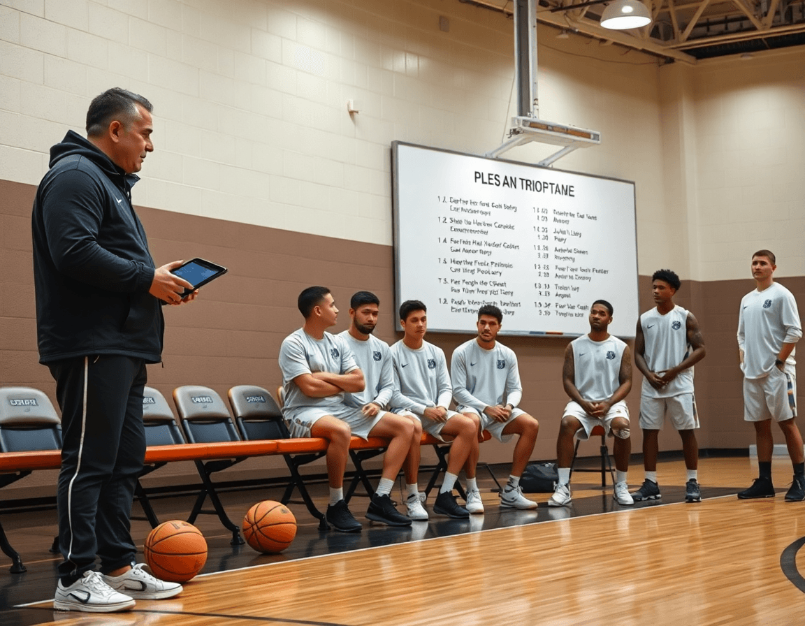 A coach displays a digital playbook on a tablet, showcasing the hybrid flex offense pdf in basketball.