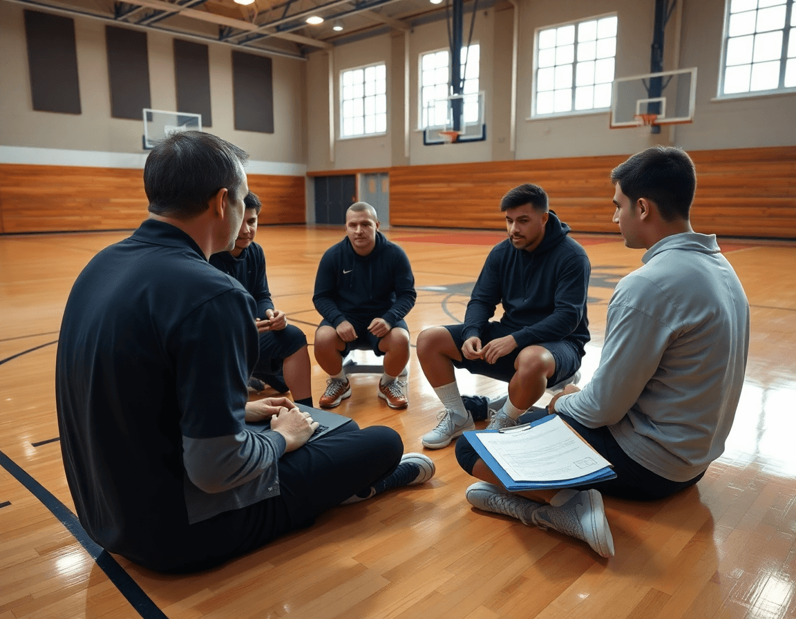 Video clips on a laptop guide players through hybrid flex offense pdf concepts in basketball.