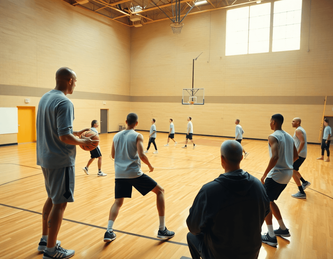 Wide gym scene showing a basketball coach outlining a hybrid flex offense pdf concept in basketball.
