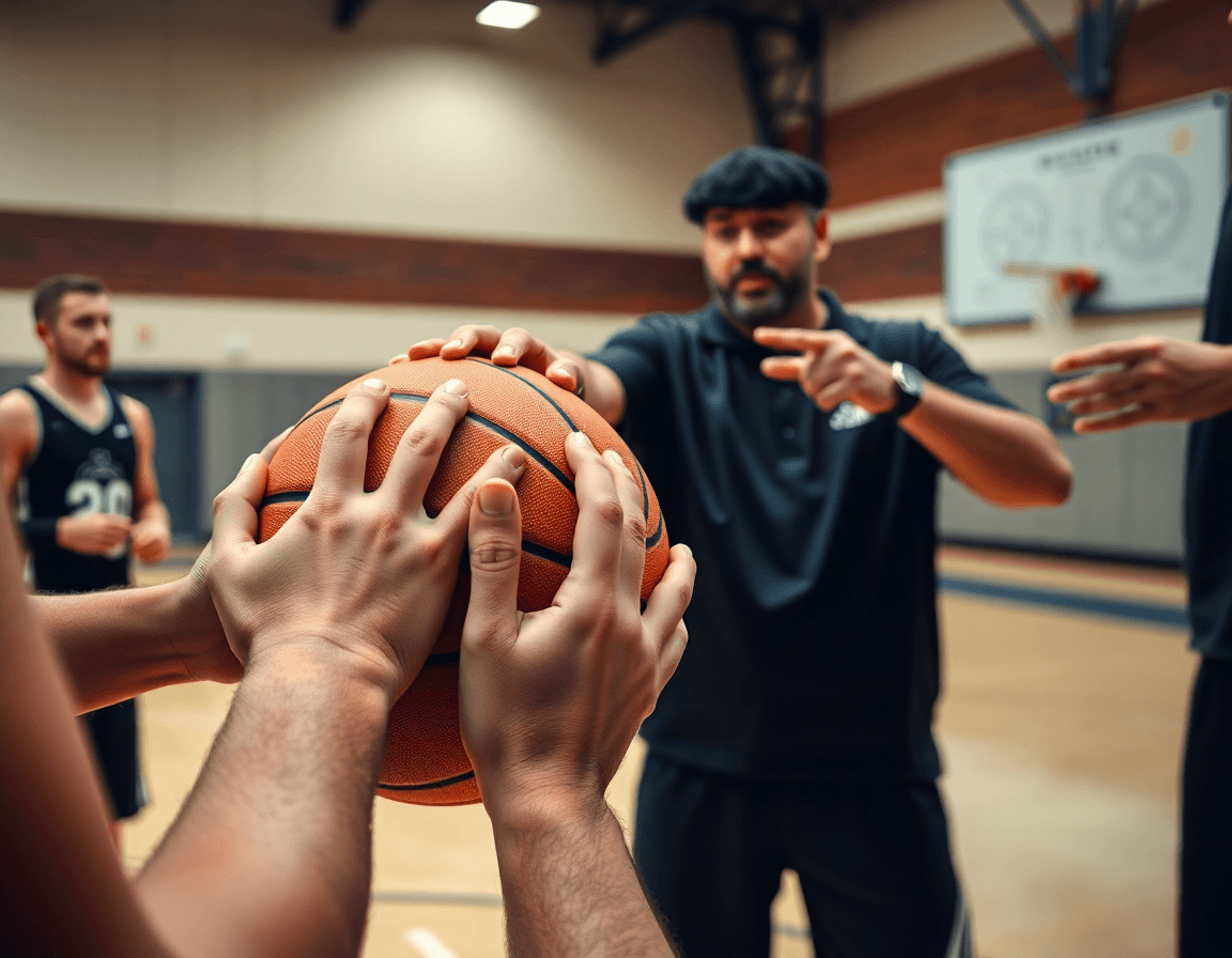 Close-up of hands on a basketball during an inbound drill in a basketball gym.