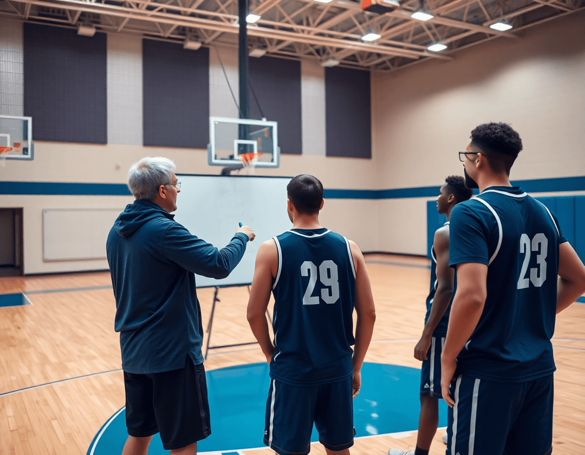 Coach points to whiteboard as players study inbound routes in a basketball gym during basketball practice.