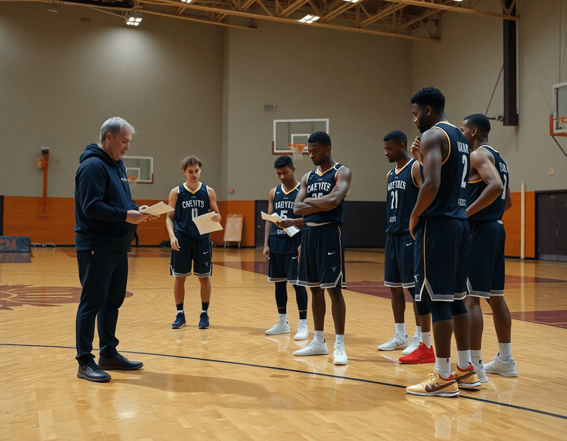 Coach and players study scouting notes as they run an inbound sequence on a basketball gym floor, basketball.