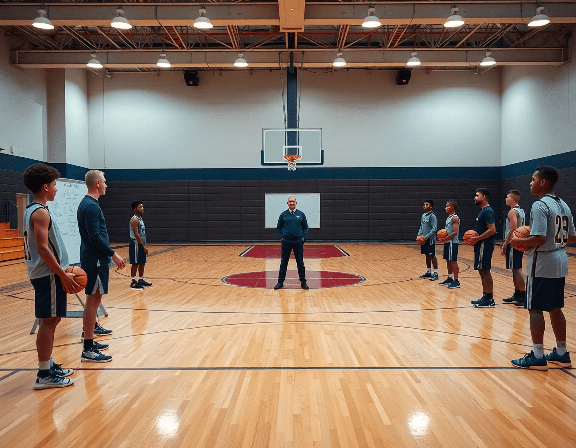 Wide shot of a basketball gym with a coach teaching inbounds plays for youth basketball.
