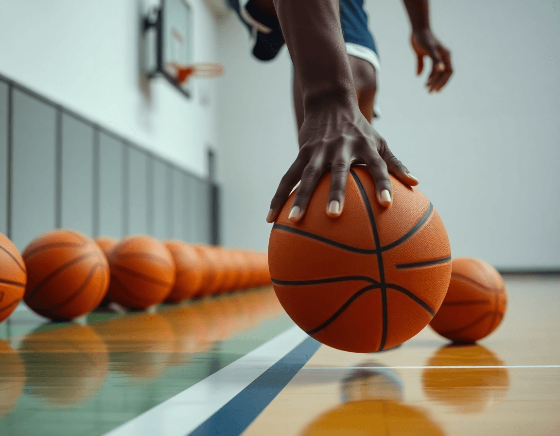 Close-up on hands dribbling a basketball during isolation basketball plays drill on hardwood.