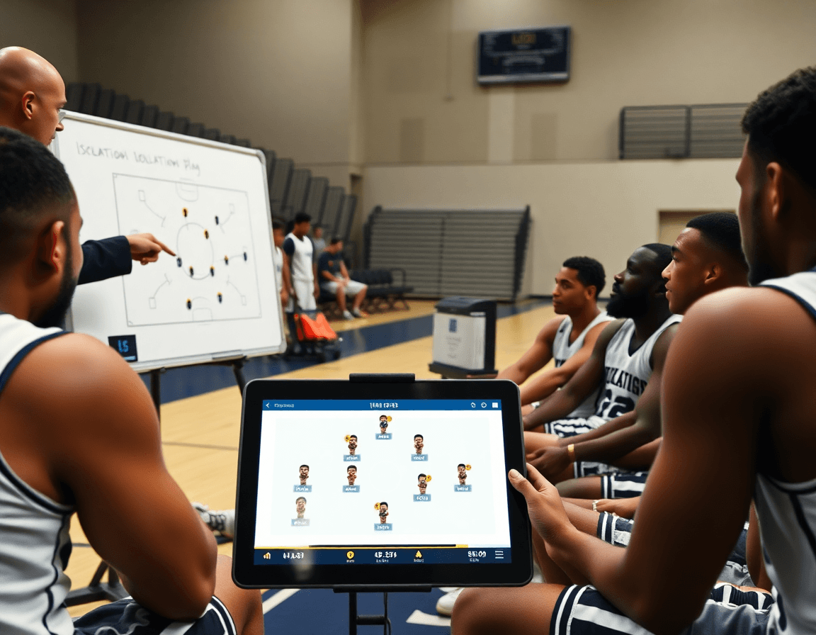 Coach explains isolation basketball plays on whiteboard for basketball while players listen.