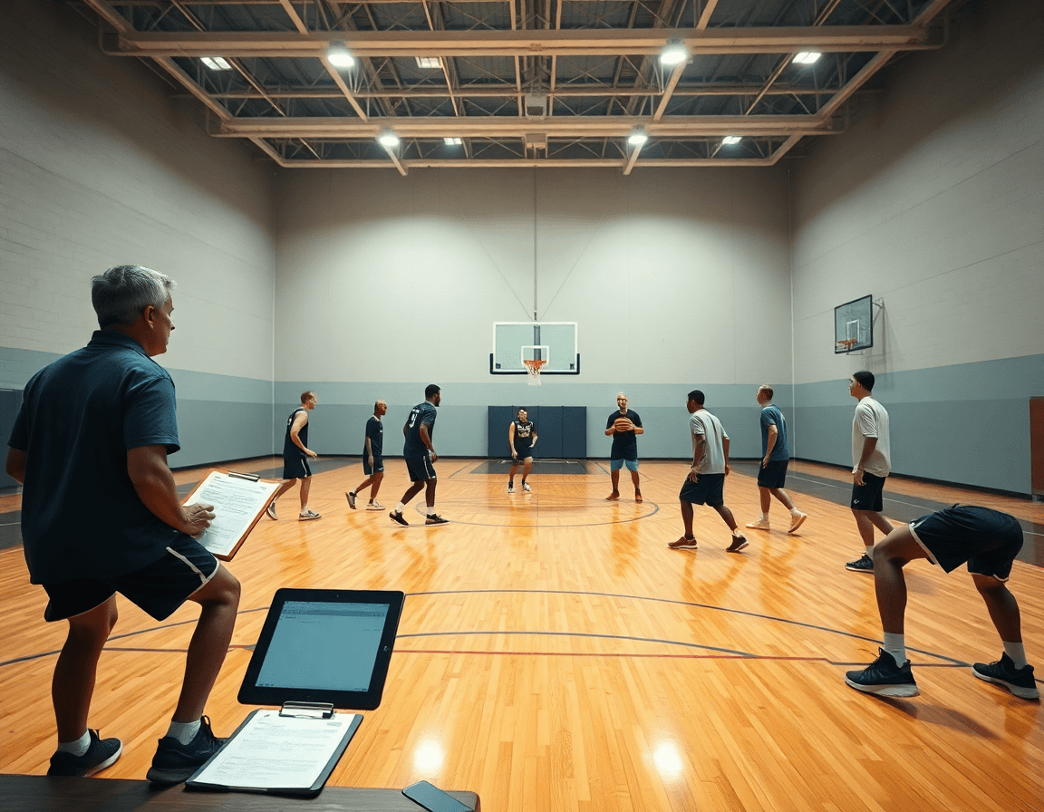 Wide action of players running isolation basketball plays on a full basketball court.
