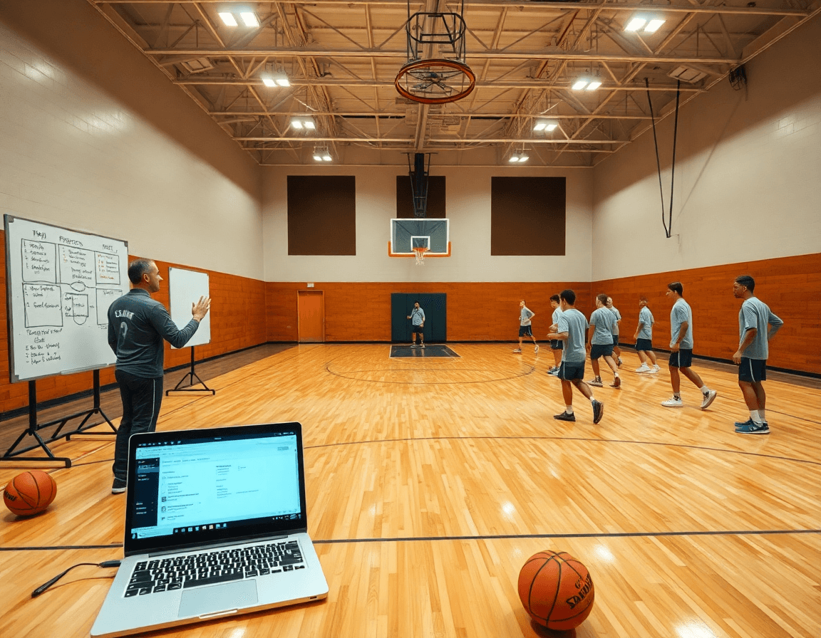 Wide-angle gym scene showing isolation basketball plays during practice on a hardwood basketball court.