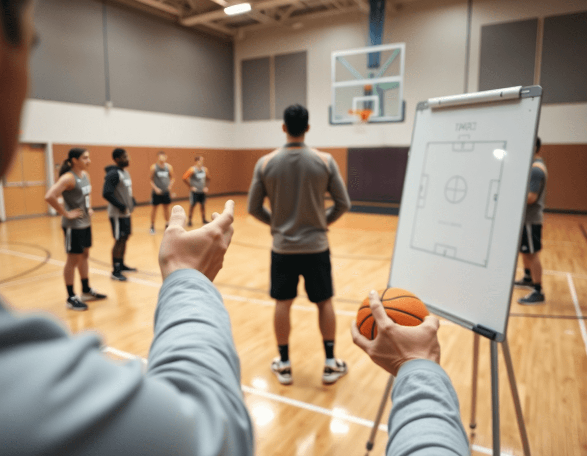 Close-up of coach guiding man to man defence in basketball with a whiteboard and players.