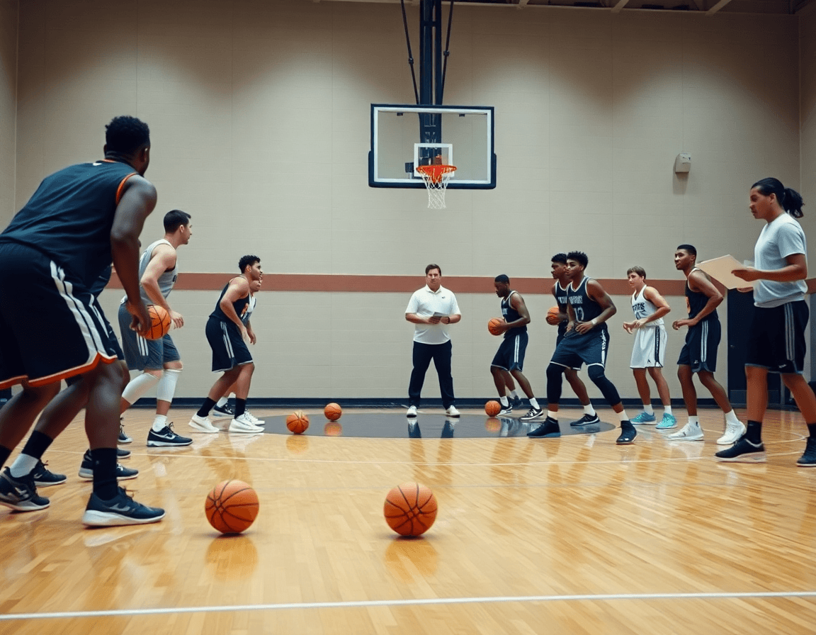 Defenders in man to man defence in basketball guard the ball handler as rotations are guided.