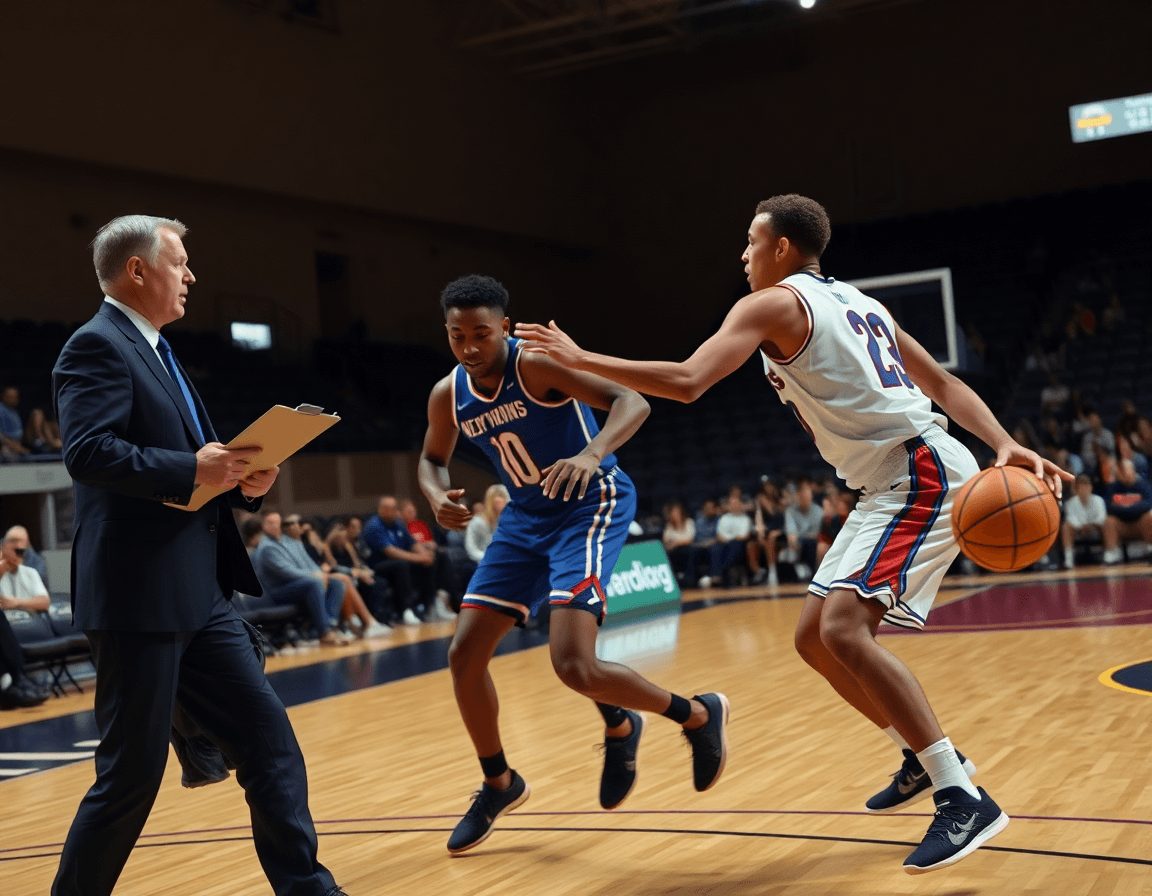 Close-up on players executing man to man defence in basketball during a screen action, coached by a clipboard.