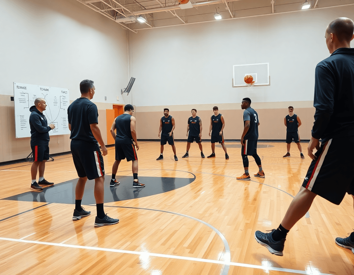 Wide-court view showing a coach teaching man to man defence in basketball with a whiteboard and players.