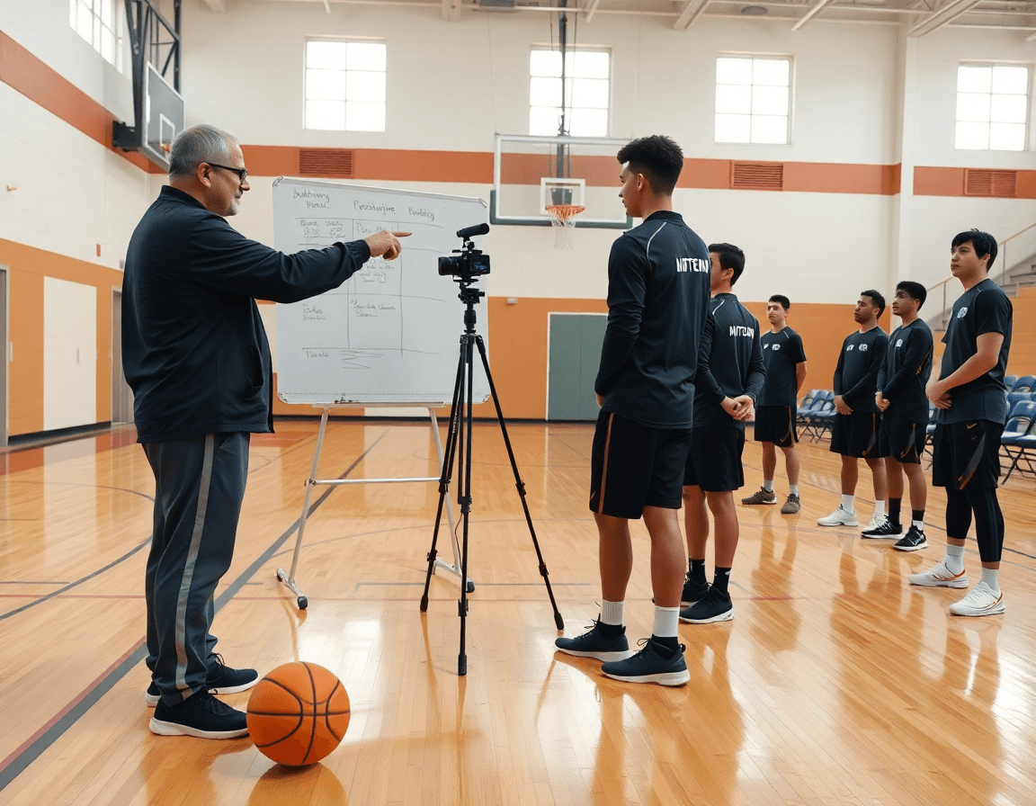 Coaches explains a weekly plan for man-to-man defense basketball as players listen in a gym basketball.