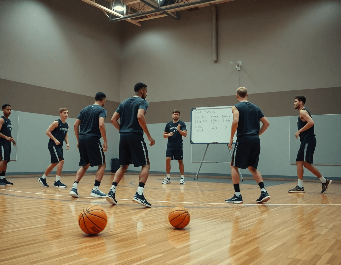 Players practice rotations as the defense shifts in man-to-man defense basketball during a drill on the basketball court.