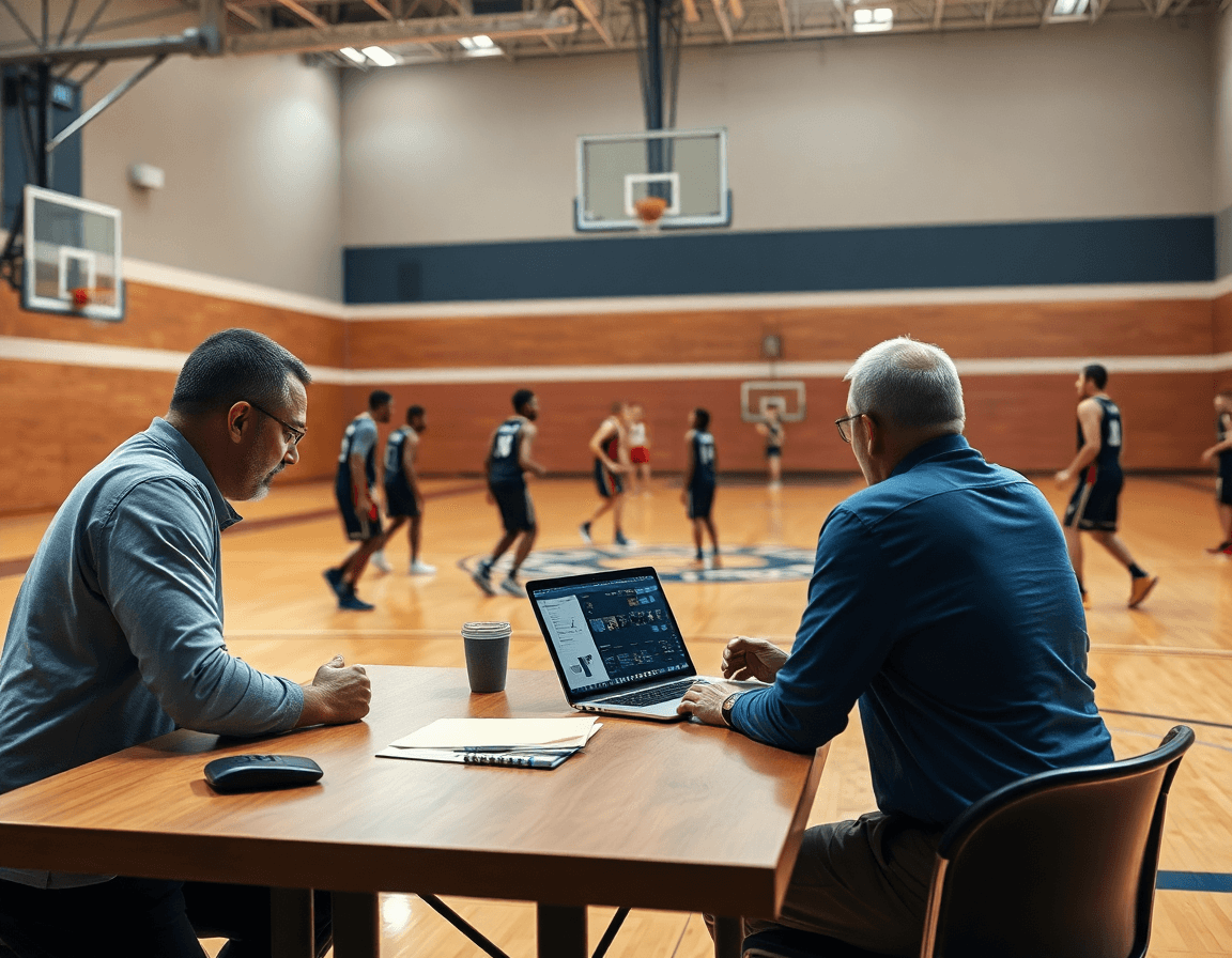 Coach reviews scouting clips for man-to-man defense basketball and builds a basketball drill library on a laptop.