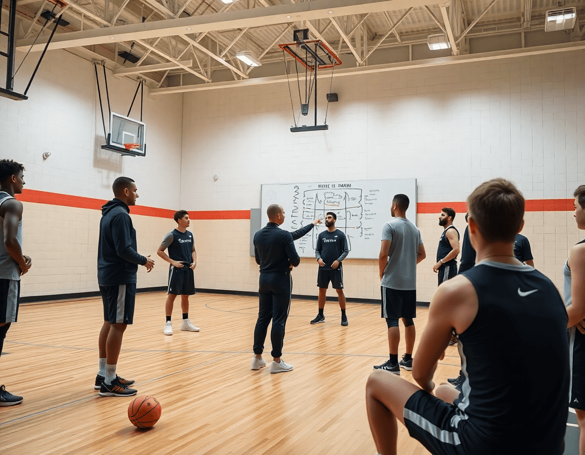 Man to man defense basketball drill in a bright gym as coach reviews a whiteboard and plans.