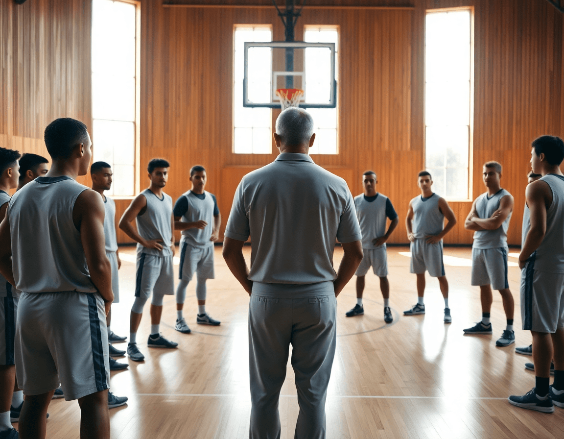 Basketball coach leading a team practice in a gym