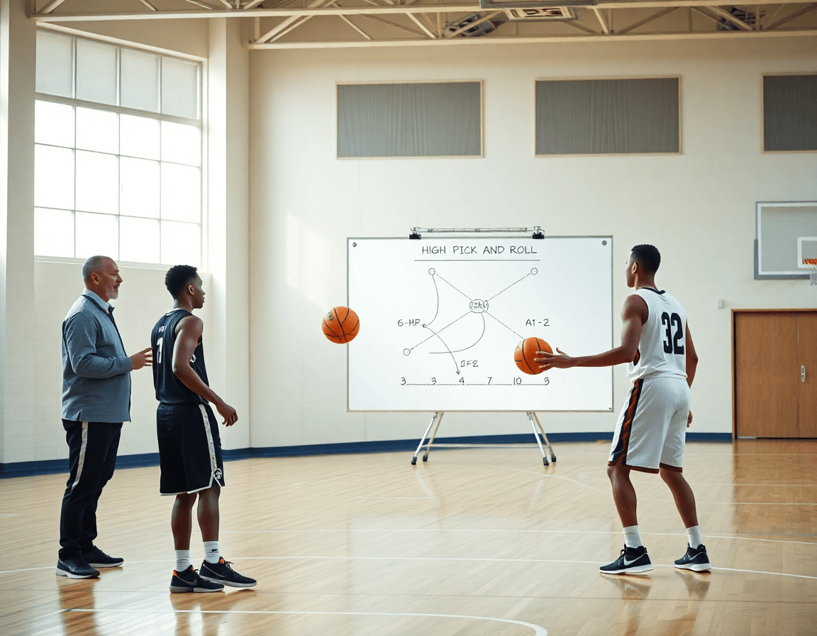 Coach demonstrates high pick and roll on a whiteboard beside busy basketball players.