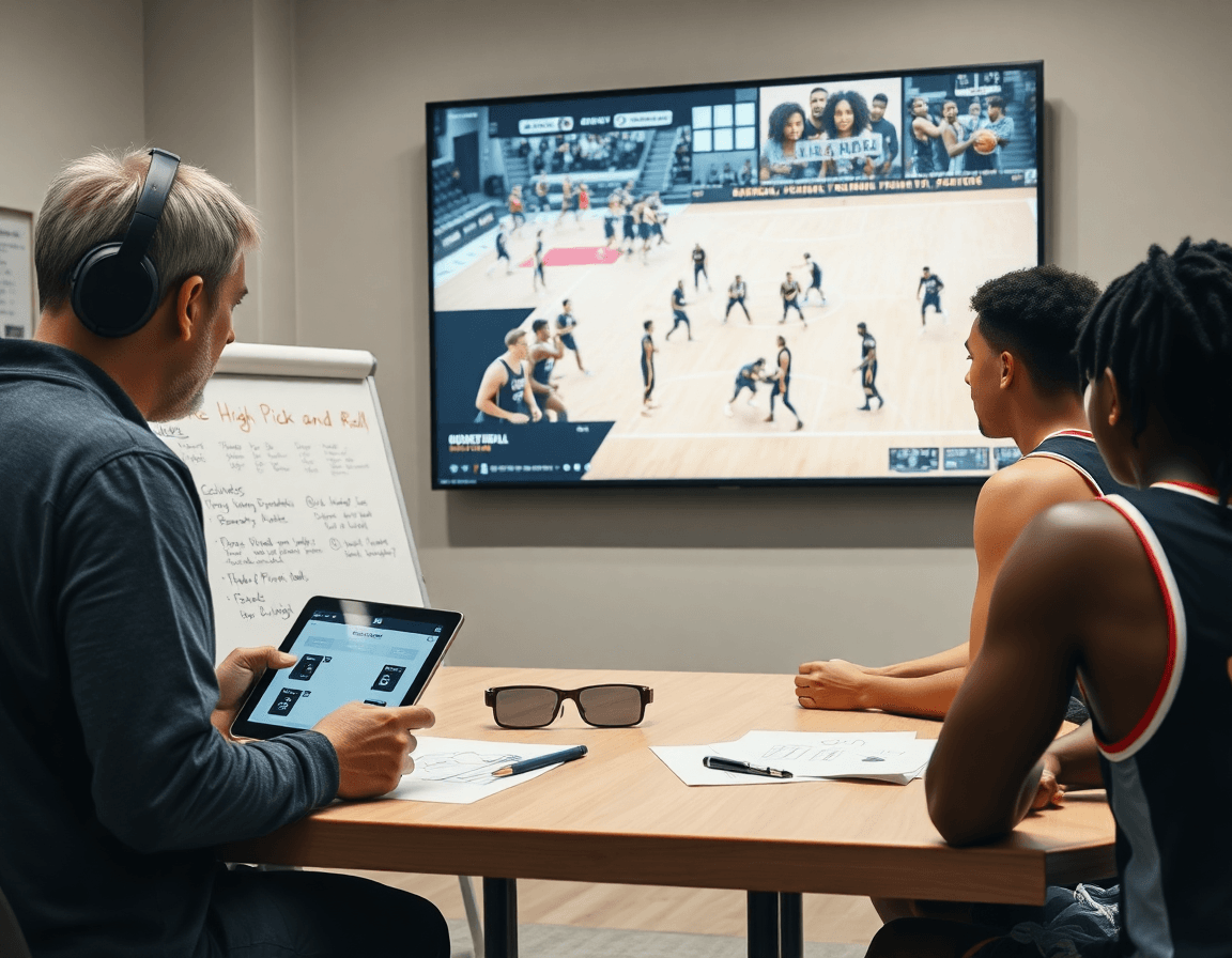 Coach reviews the high pick and roll plan amid basketball workflow on a gym screen.