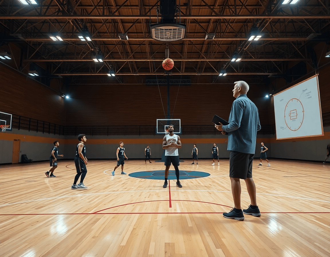 Wide basketball gym scene showing players executing a high pick and roll under bright lights.