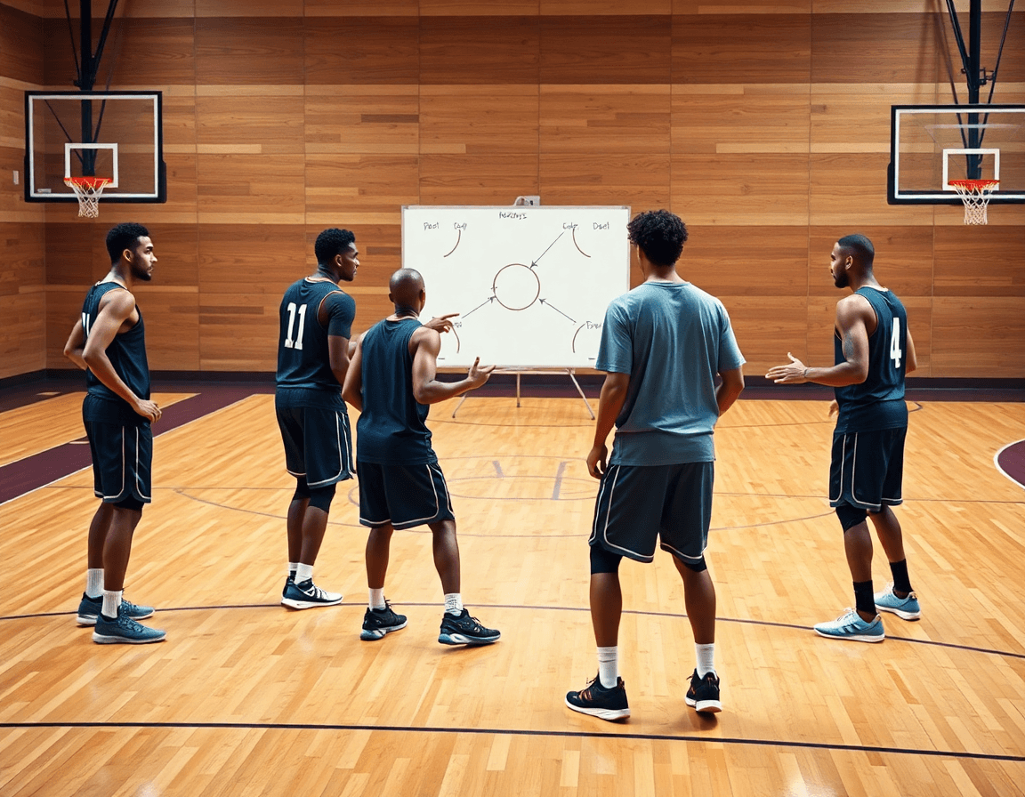 Wide shot of five players practicing match up zone defense basketball with coach and whiteboard.