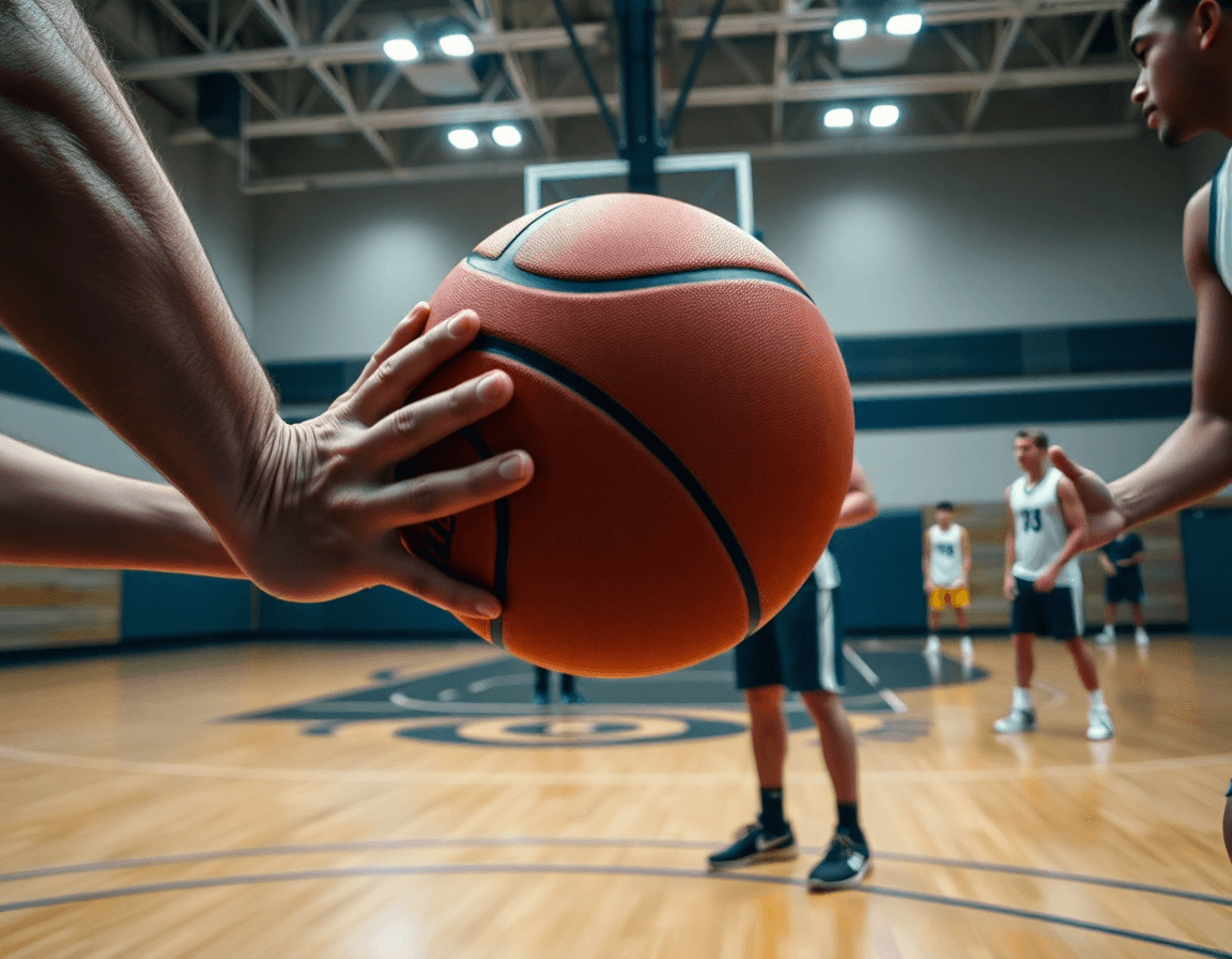 Close-up on hands gripping a basketball during a match up zone defense basketball drill on hardwood.