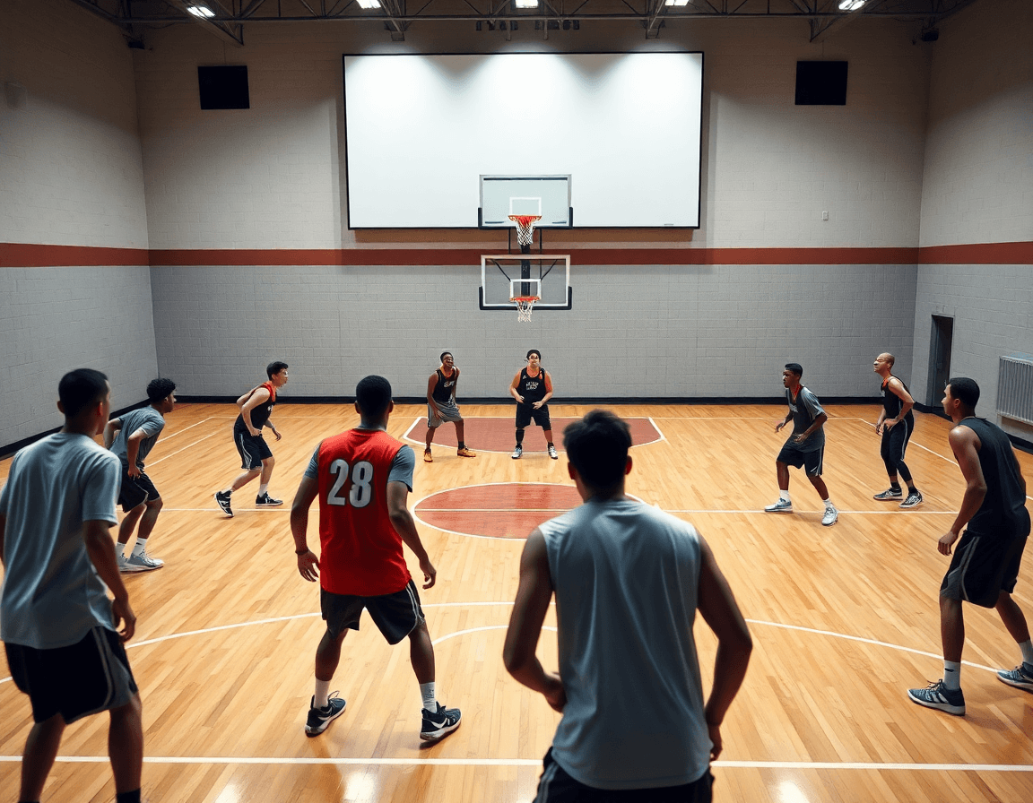 Team drill at full court under bright gym lights with a match up zone defense basketball whiteboard.