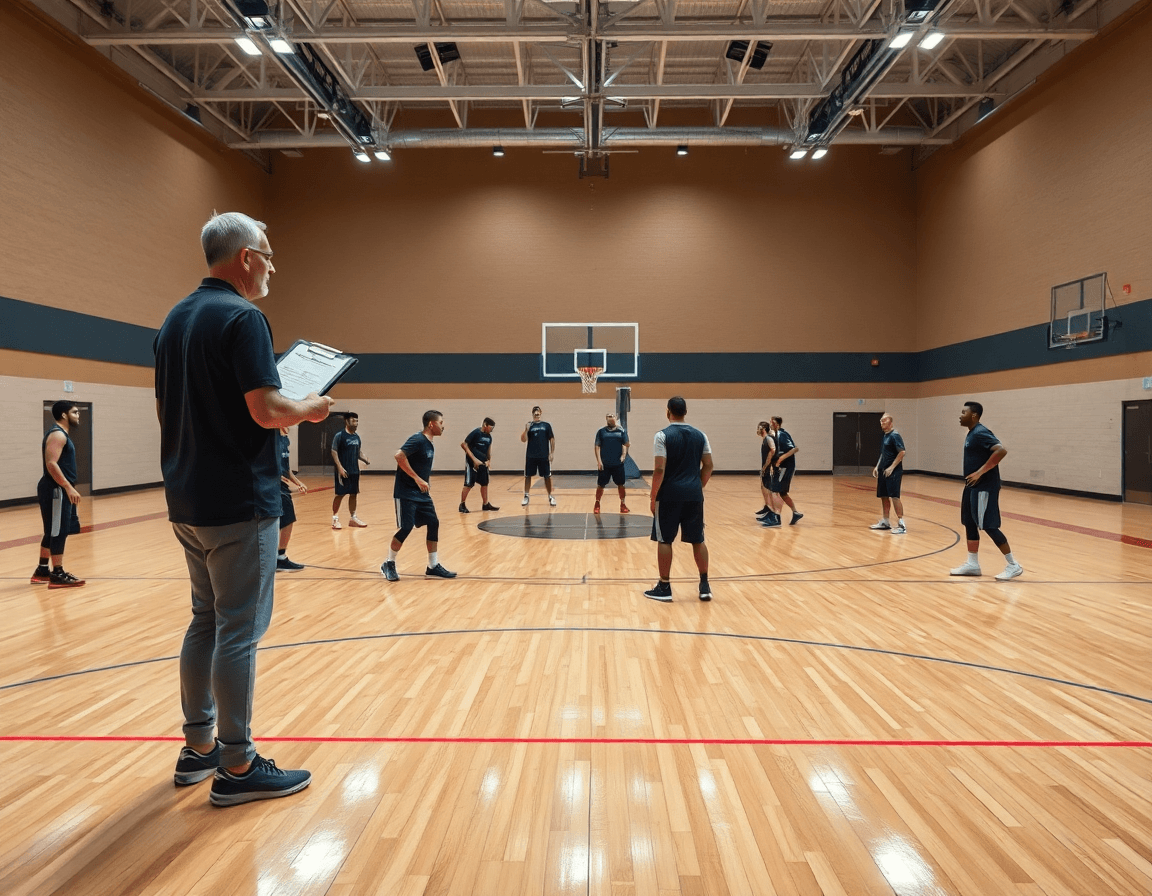 Wide view of a basketball gym with a coach guiding a match up zone defense basketball practice.