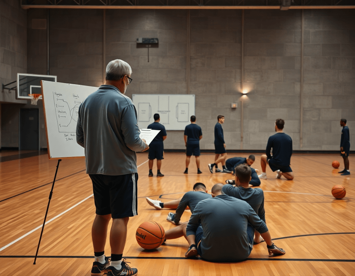 Coach outlines motion offense basketball plays on a whiteboard beside players and the court.