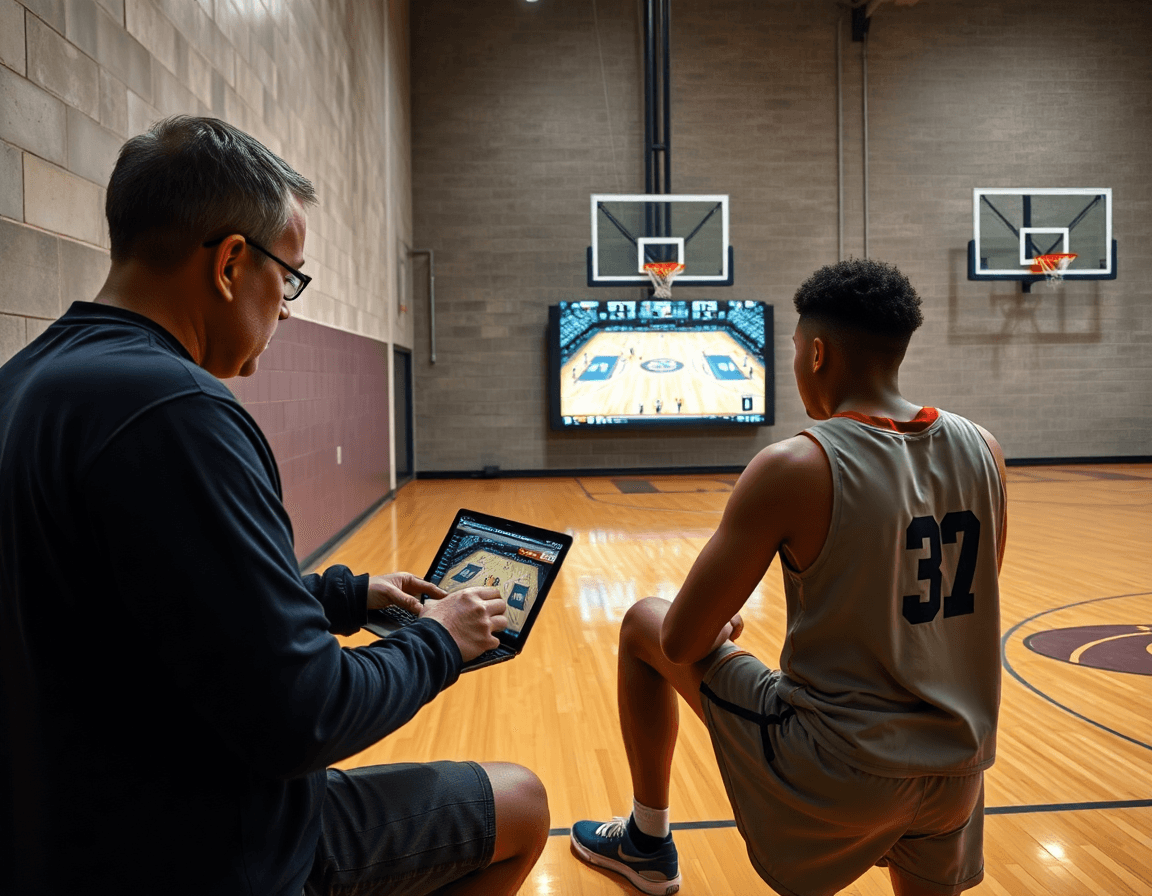 Coach reviews motion offense basketball plays on a laptop while players study the footage.
