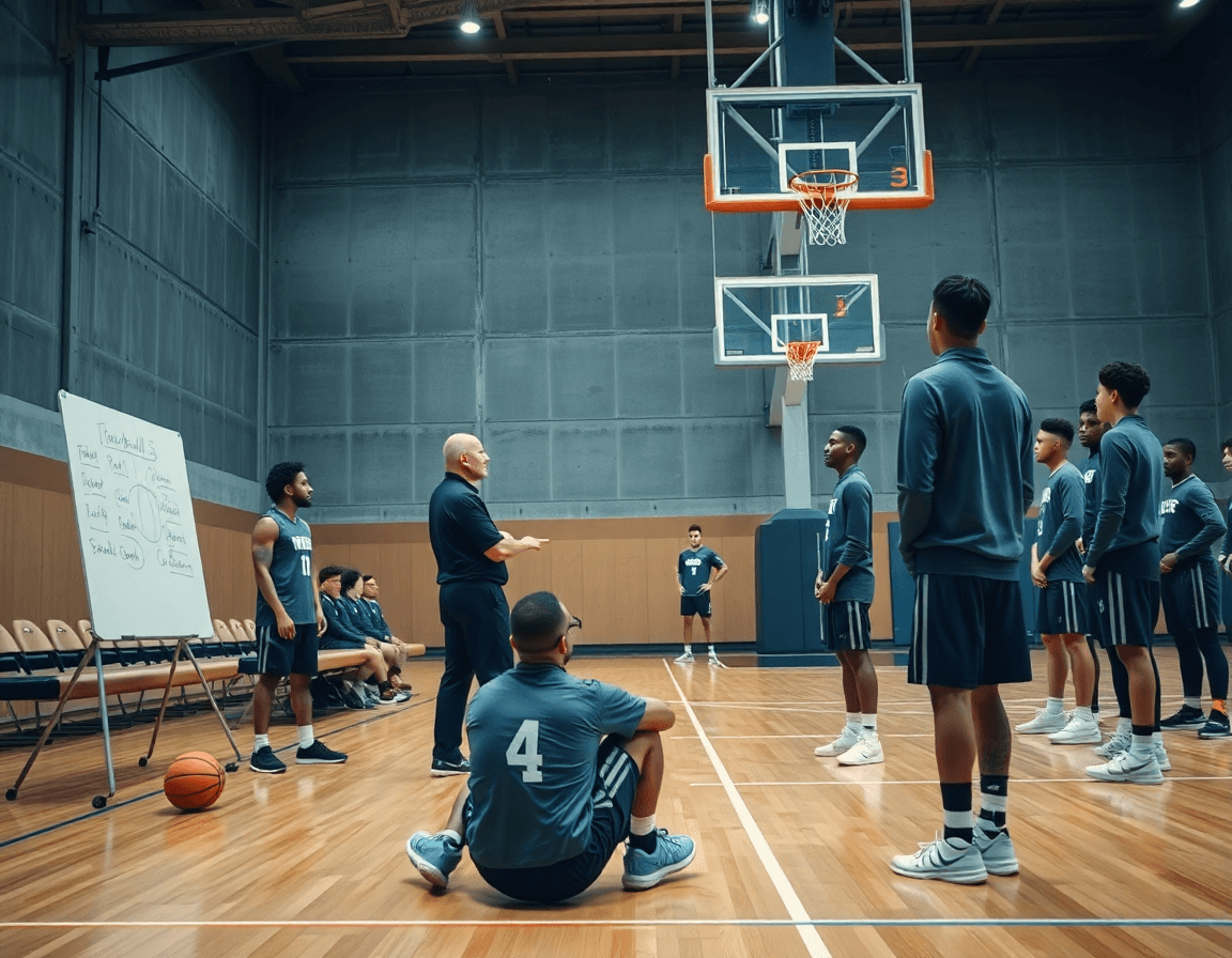 Wide gym scene showing motion offense basketball plays being explained to players.