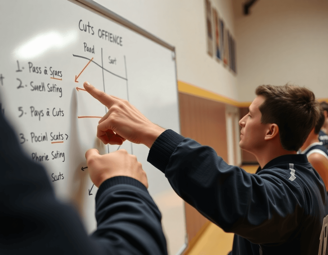 Close-up of a coach's hand pointing to a whiteboard during motion offense basketball.