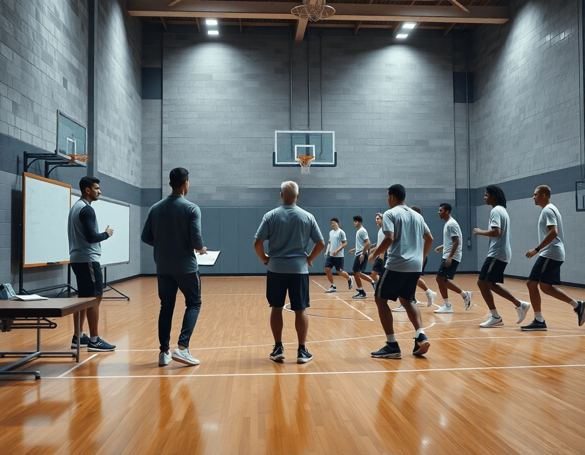 Motion offense basketball in progress on a concrete court with a coach guiding players.
