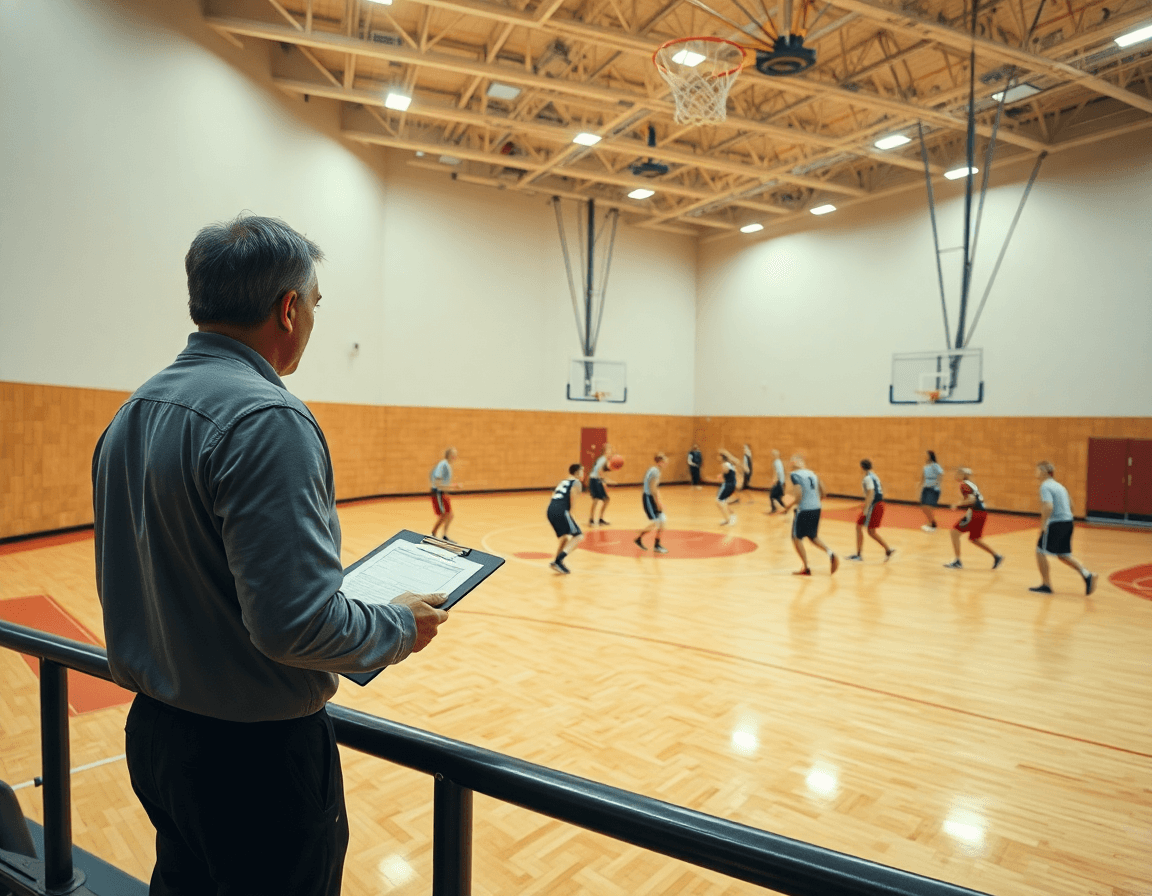 Wide motion offense practice on a basketball gym court, coach directs players with clipboard.