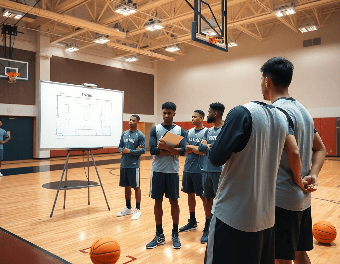 Coach explains naming basketball plays at the whiteboard during a focused gym drill.