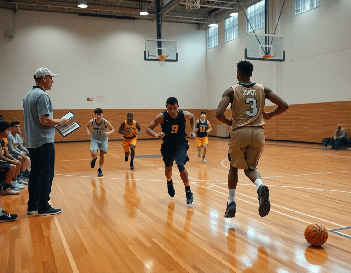 Full-court basketball drill as players execute a named basketball play with the coach signaling.