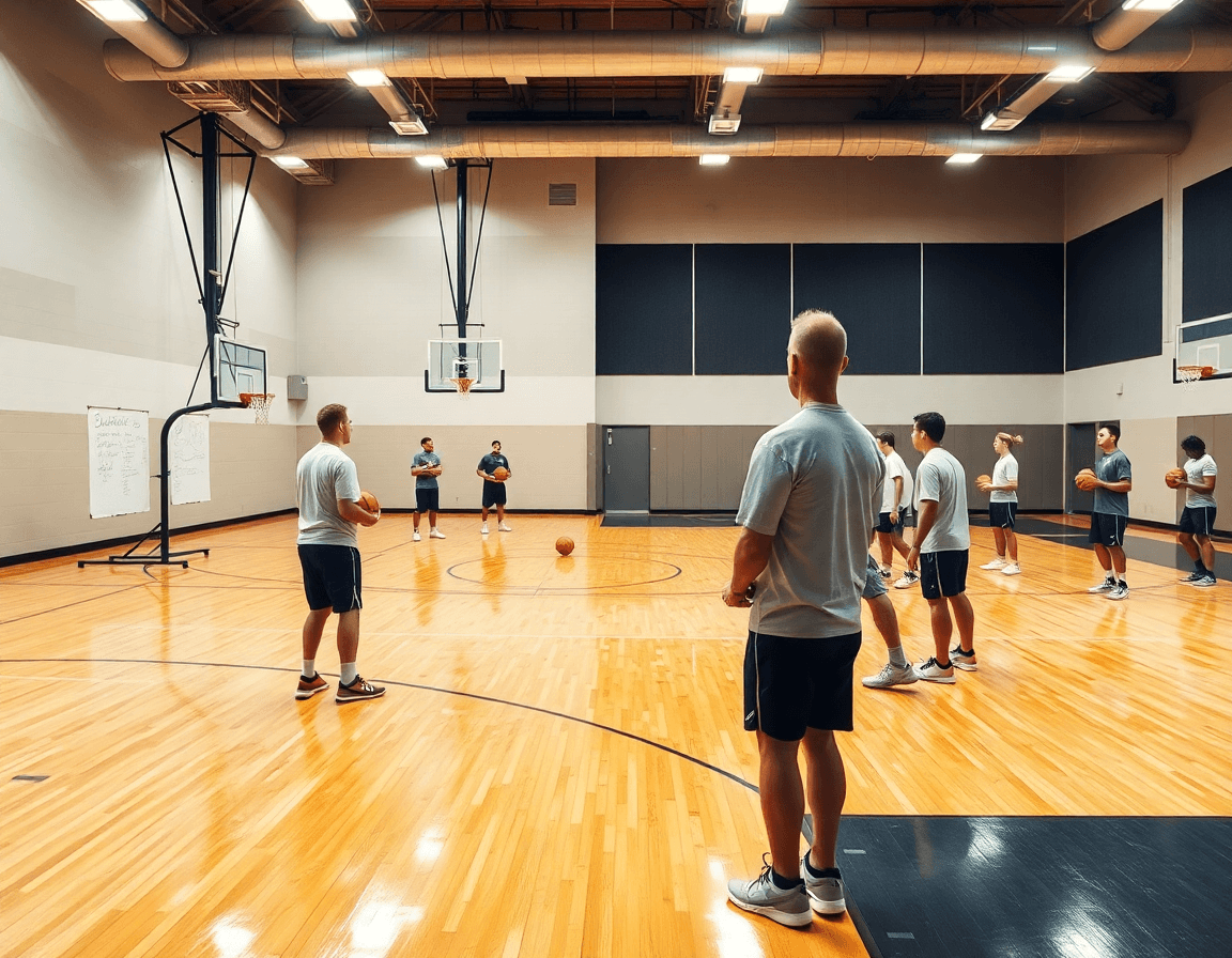 Wide shot of naming basketball plays in a gym as the coach guides a team.