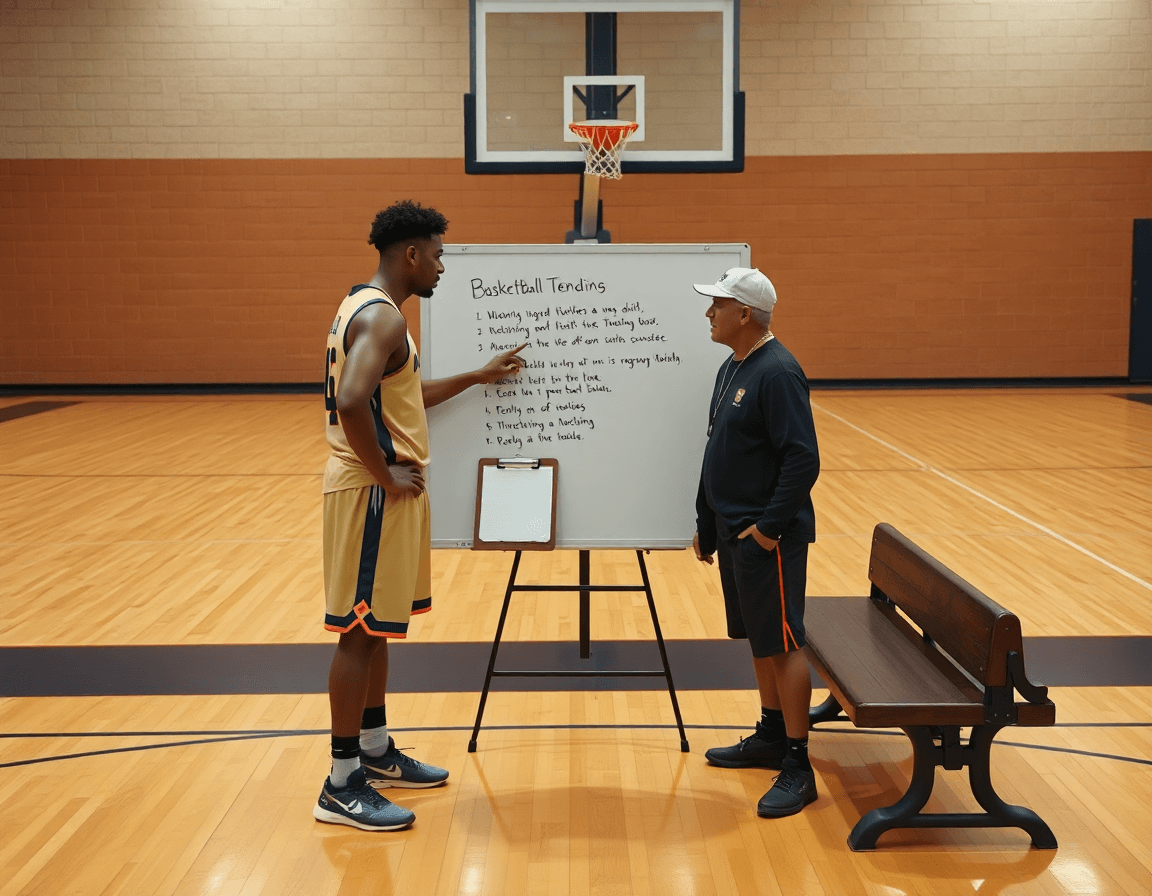 Close-up of coach and players around a basketball whiteboard during basketball drill.