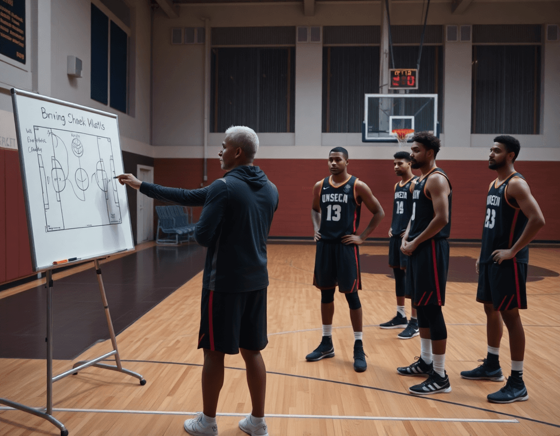 Coach and players on a basketball court watching a play near a whiteboard.