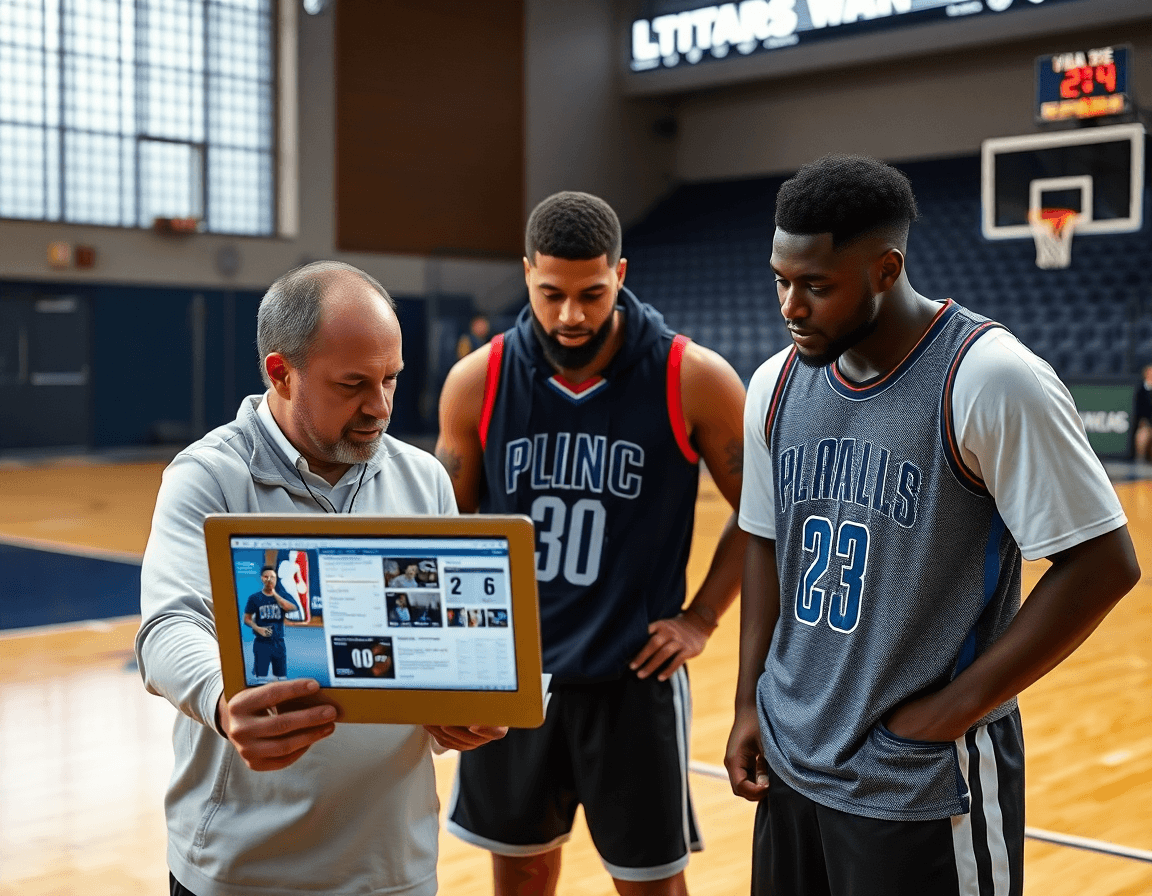 Assistant coach reviews basketball clips on a laptop with players on the basketball court.