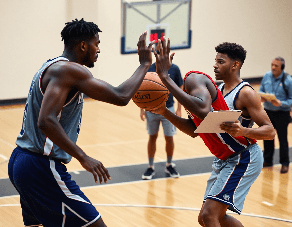 Two players duel in one on one basketball drills near the top of the key on hardwood.