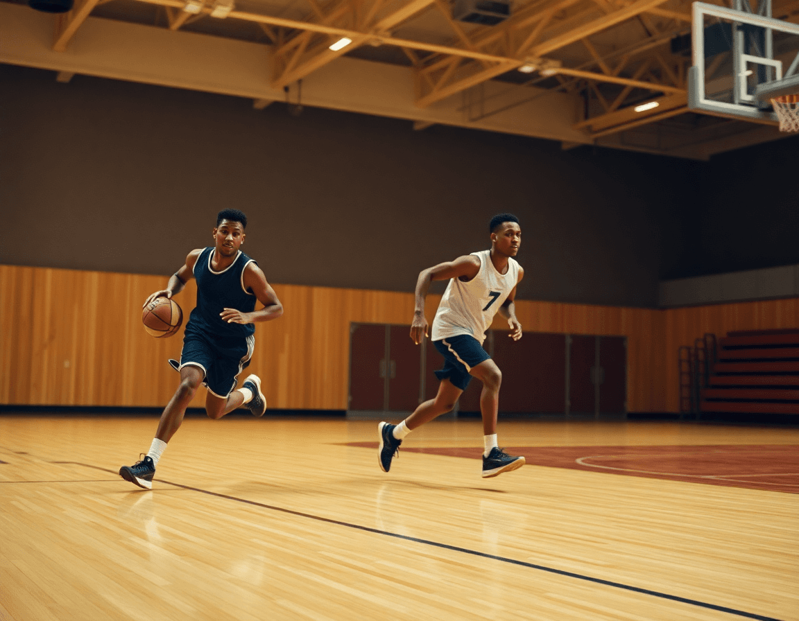 Players running a fast-break drill in practice