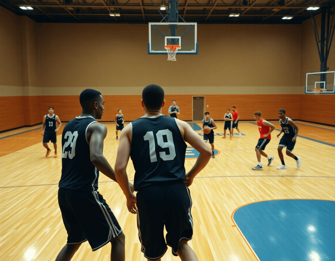 Wide view of players running one on one basketball drills across the full court.