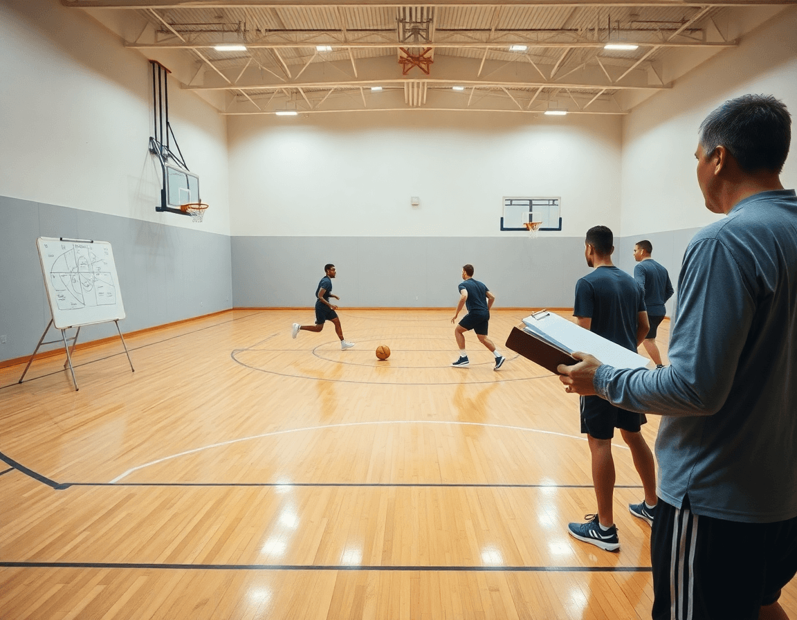 Wide shot of a coach guiding one on one basketball drills during a gym practice.